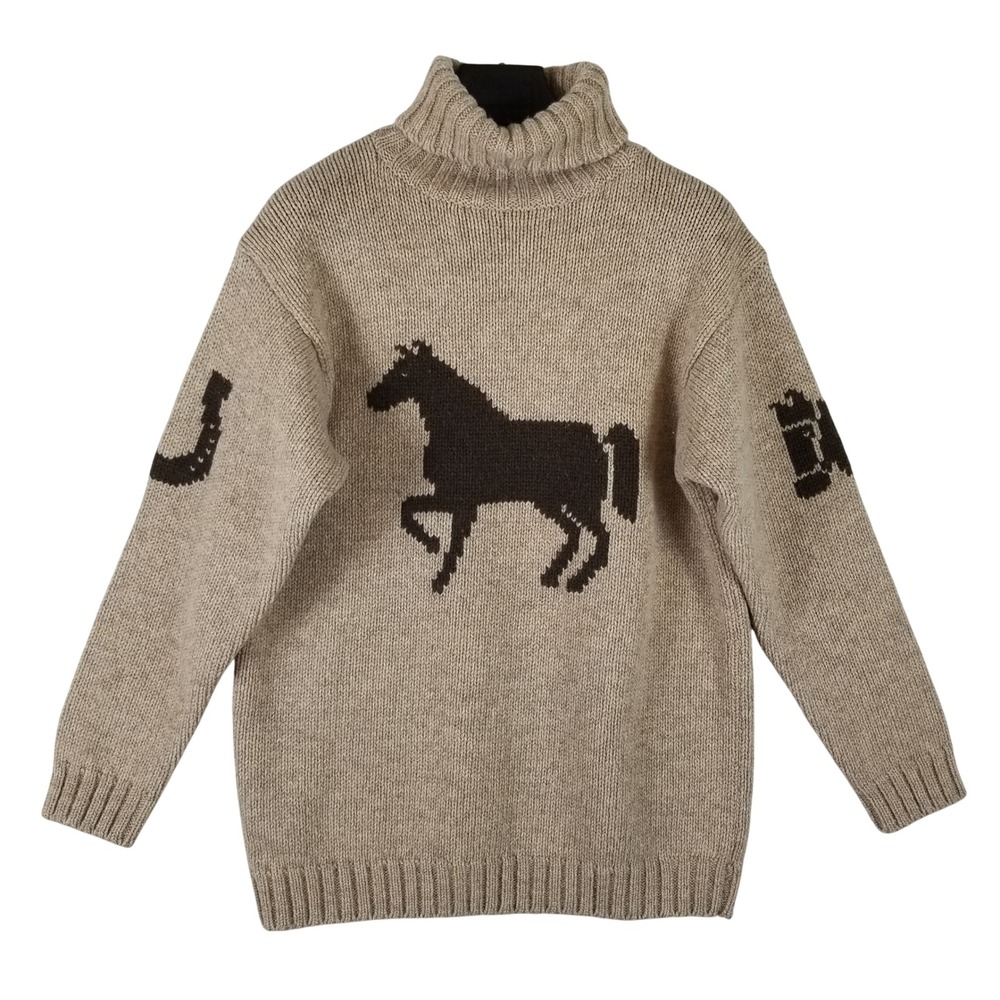 Ralph Lauren Sweater Men Small Oatmeal Wool Horse Intarsia Turtleneck 295S